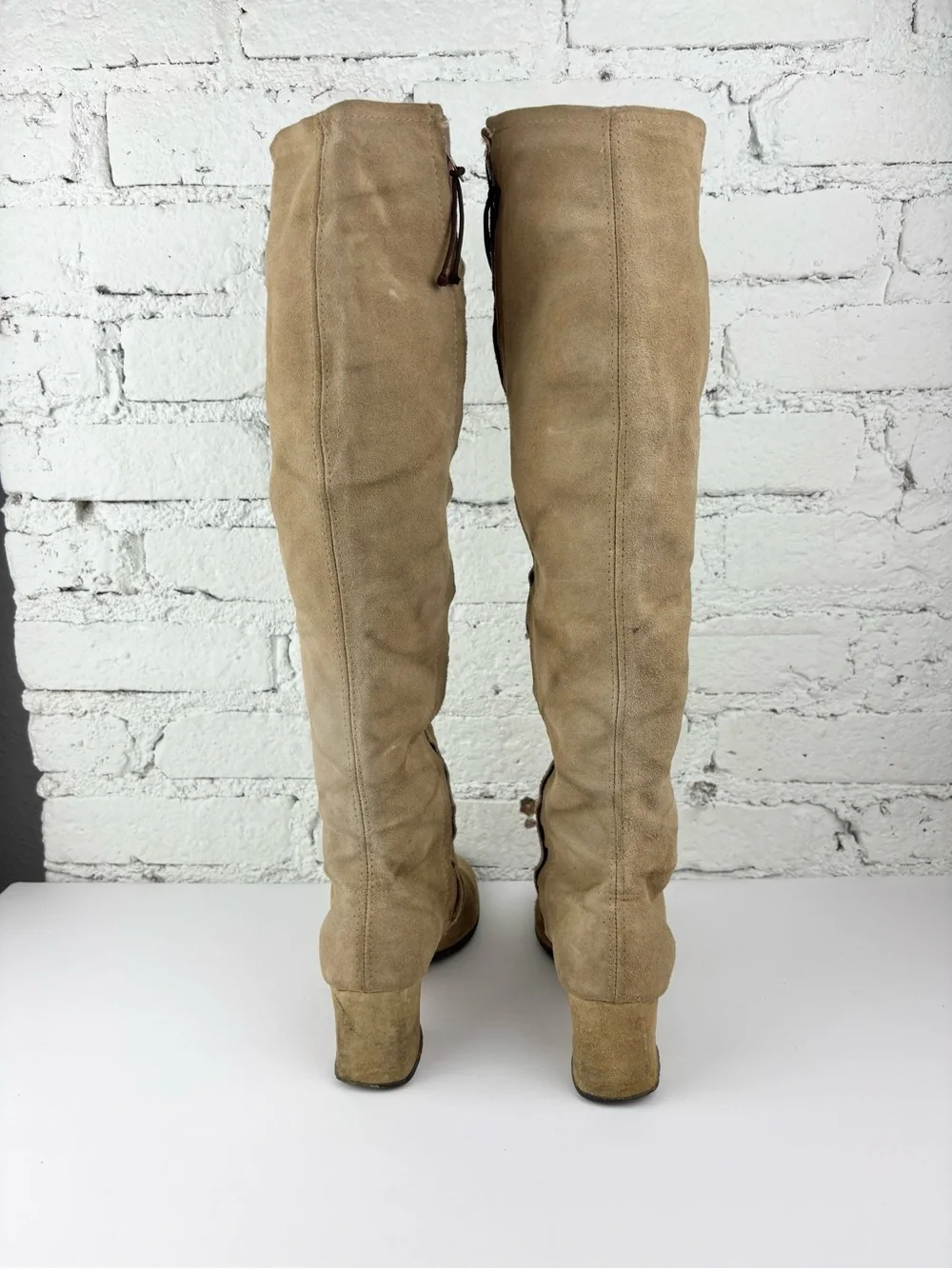 Vintage 60s 70s Tan Tall Suede Leather Block Heel Knee High Boots 9